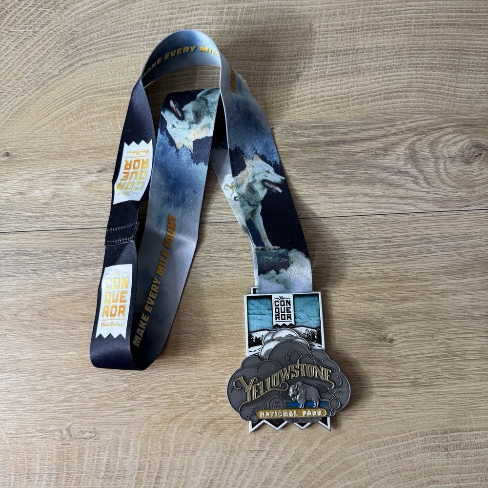 The Conqueror Yellowstone Wolf Bison Virtual Challenge Medal 75 Mile Run Medal